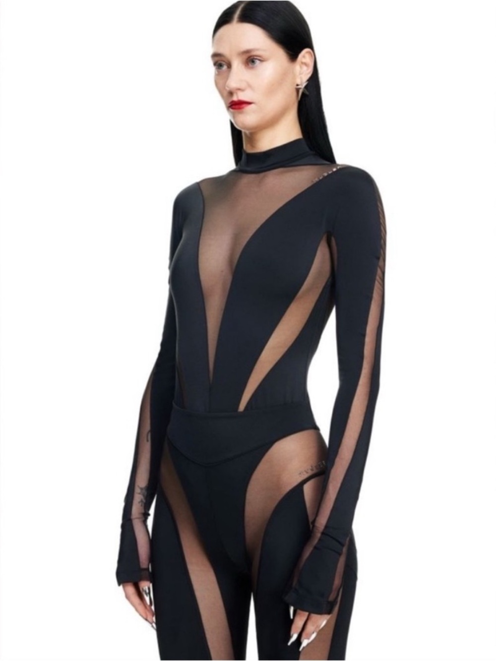 Mugler x H&M Black Sheer-Panel Long Sleeve Bodysuit